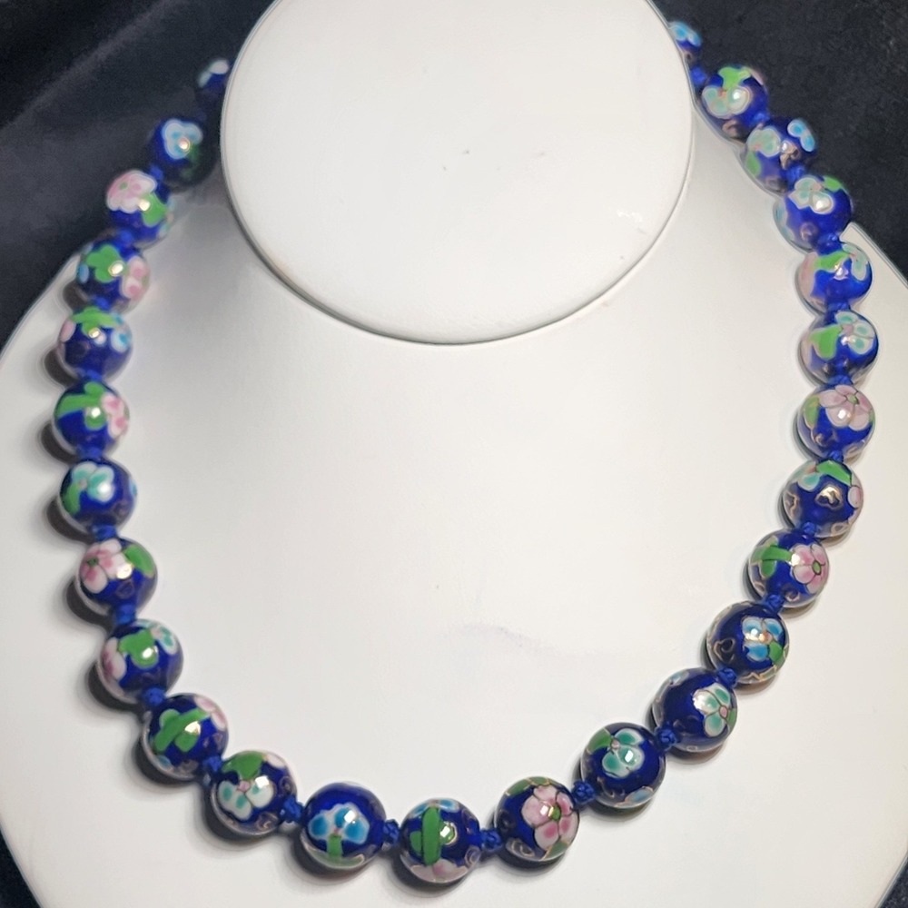 VTG Chinese Export Cloisonne Colbalt Blue  Beaded  Knotted Necklace 24"